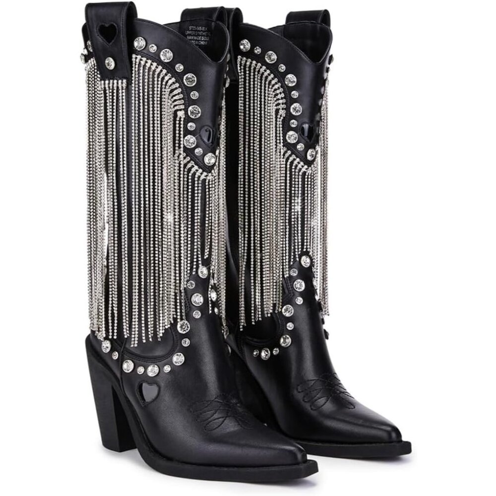 ⚡Women's Black Cowboy Boots Vegan Leather With Rhinestone Fringe Jewel Studs